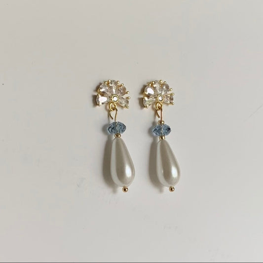 CZ pearl and blue crystal vintage inspired bridal earrings