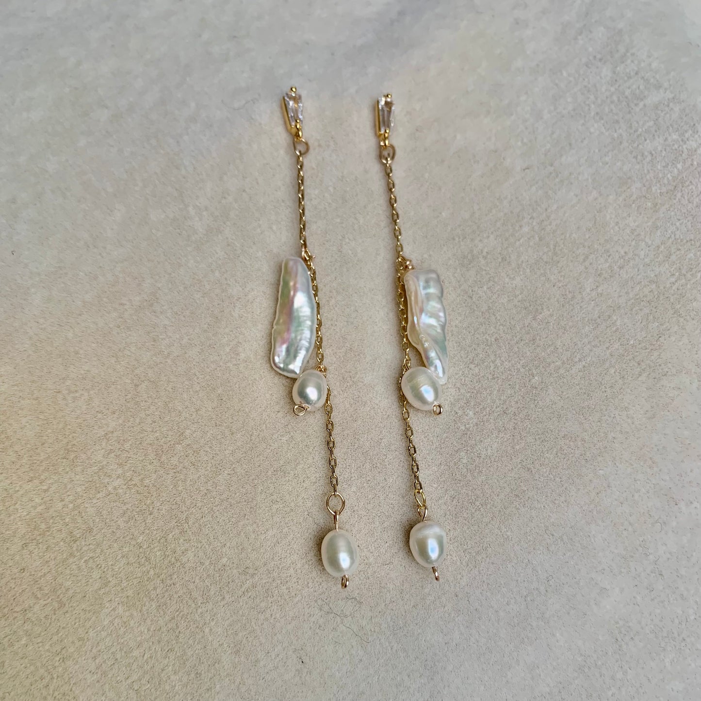 Biwa and Freshwater Pearl Dangle Earrings