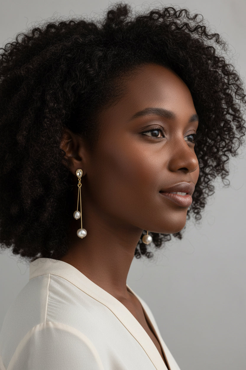 A pair of gold-plated dangle earrings featuring teardrop cubic zirconia and freshwater pearls.