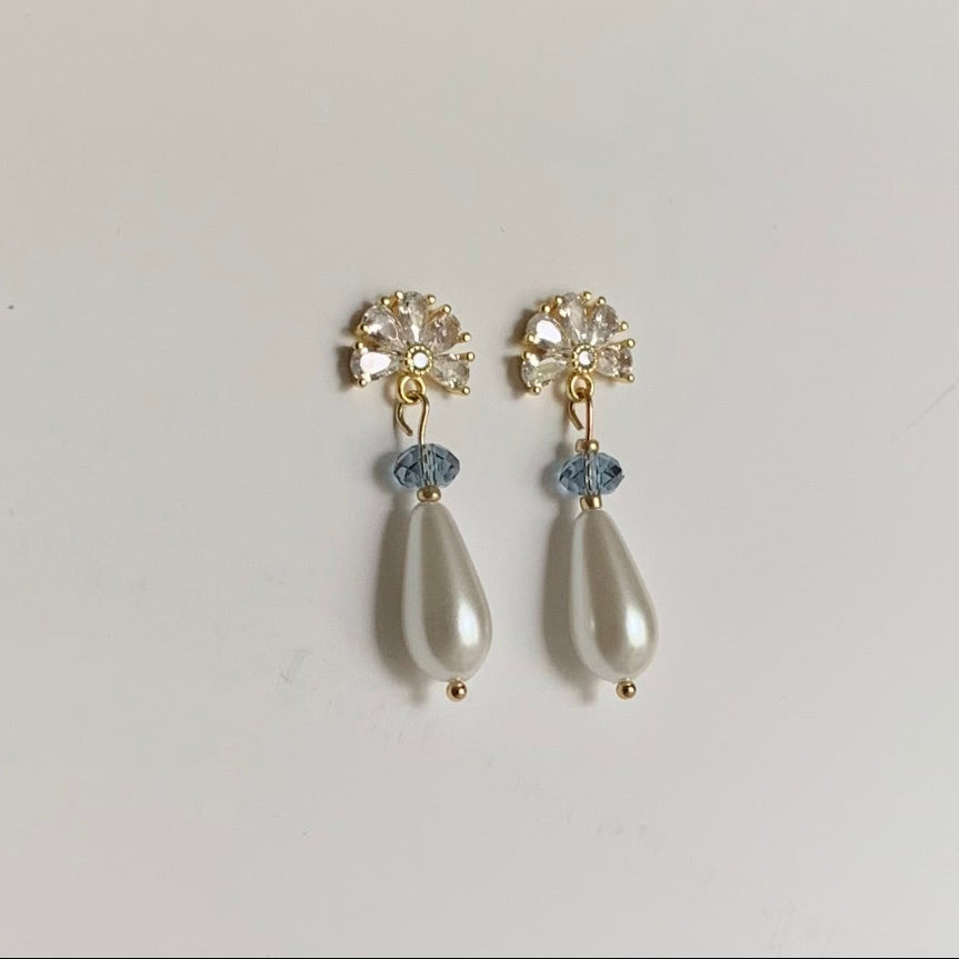 CZ pearl and blue crystal vintage inspired bridal earrings 