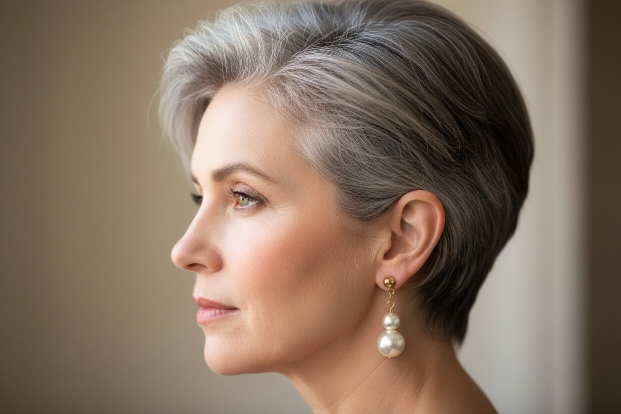 Pair of pearl earrings with gold ball posts on a white background