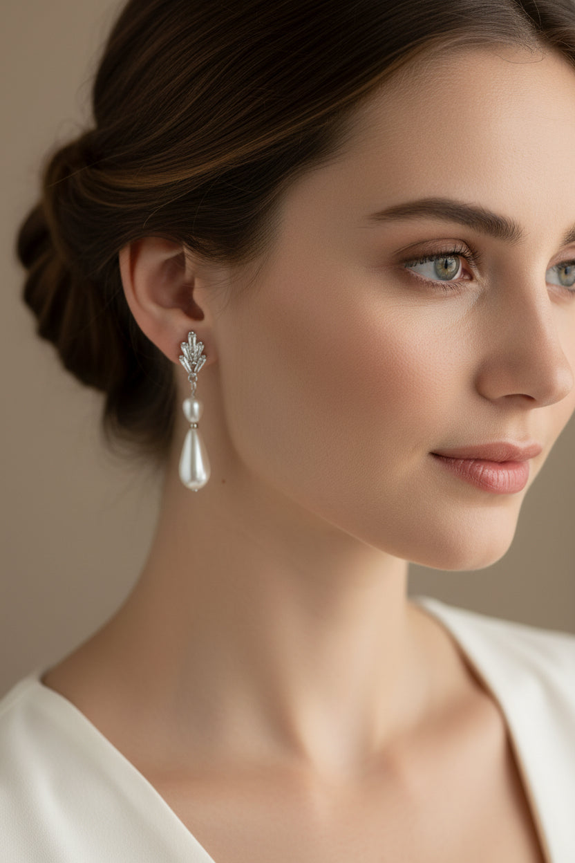 A pair of silver Art Deco drop earrings featuring a decorative leaf-shaped top and a small and large teardrop-shaped white pearl hanging below, displayed on a plain off-white surface.