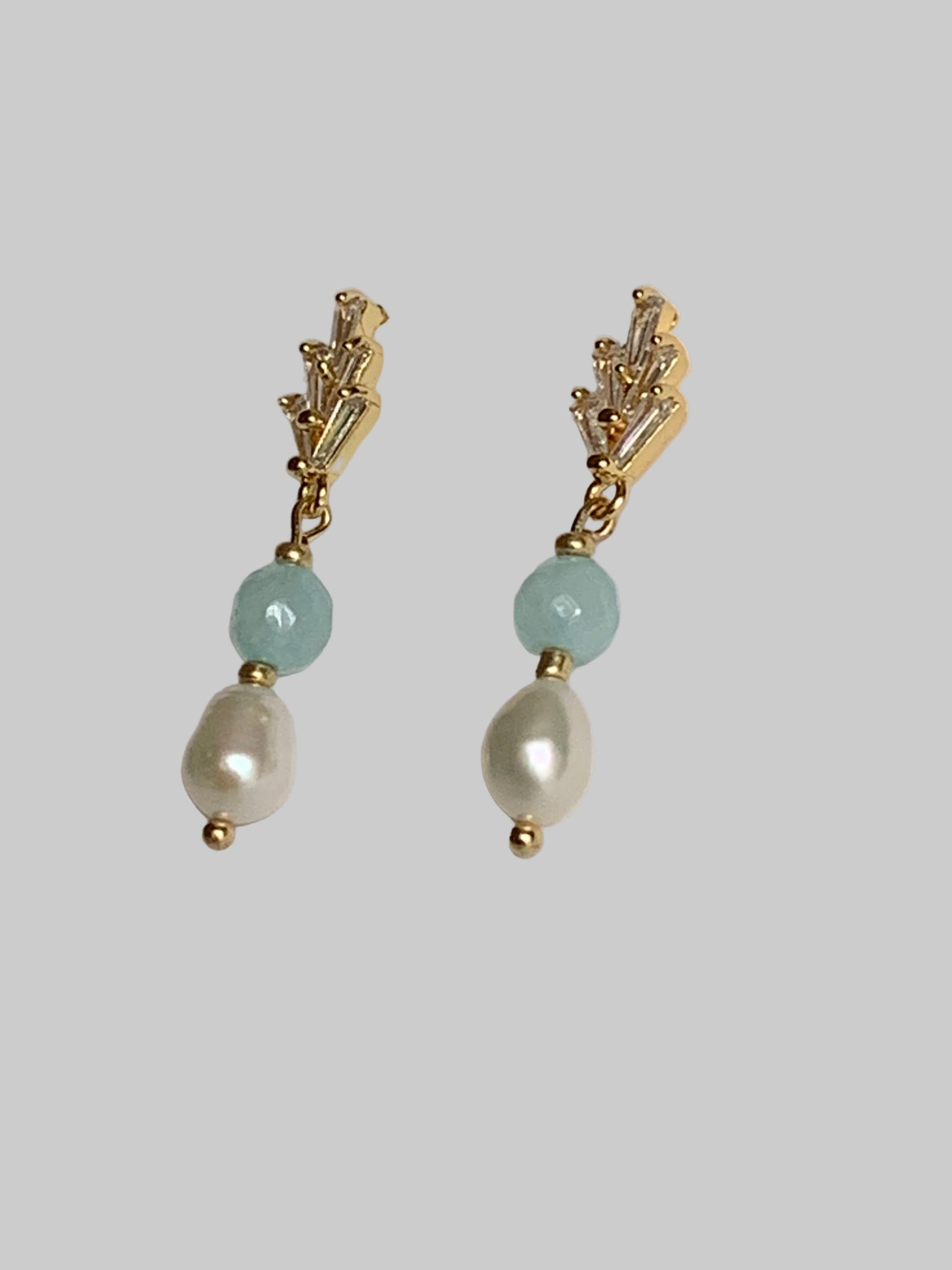 Freshwater Pearl, CZ Baguettes and Aventurine earrings
