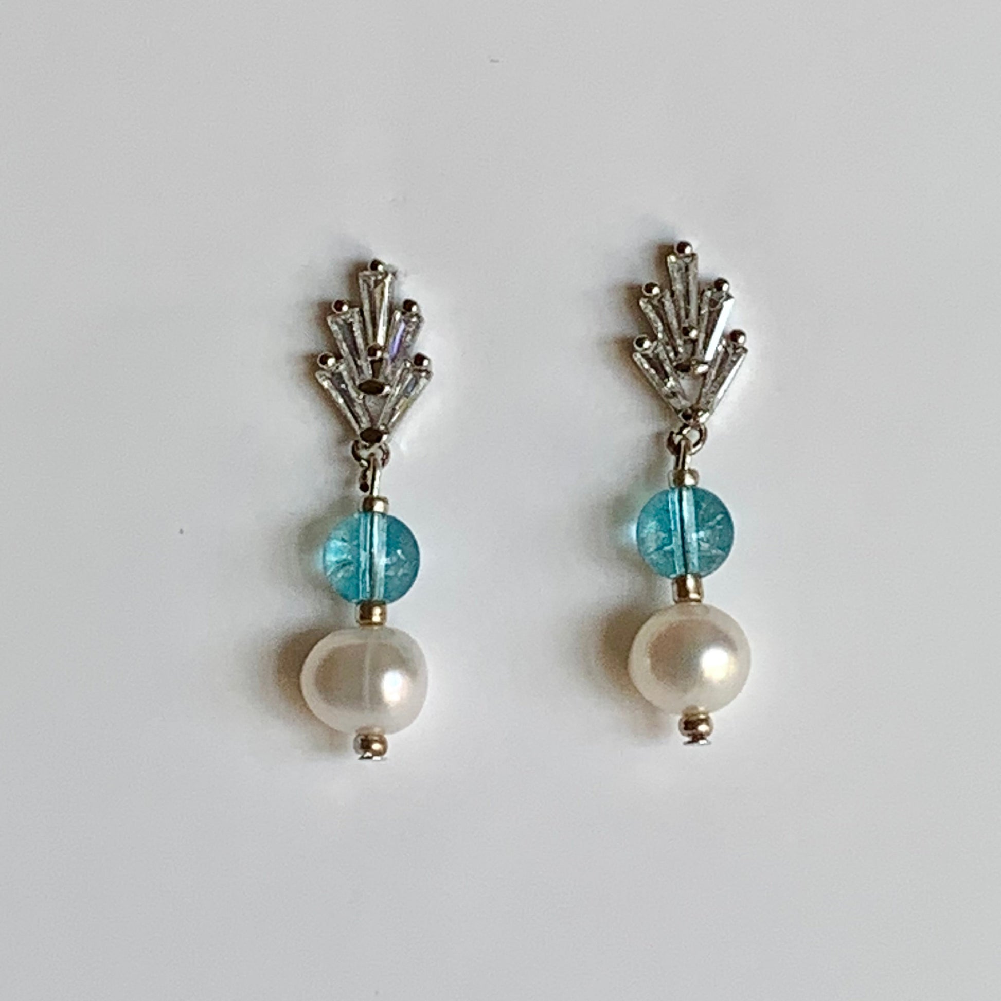 Freshwater Pearl and Blue Quartz CZ Baguette earrings