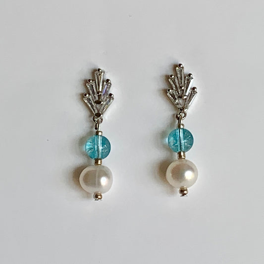 Freshwater Pearl and Blue Quartz CZ Baguette earrings