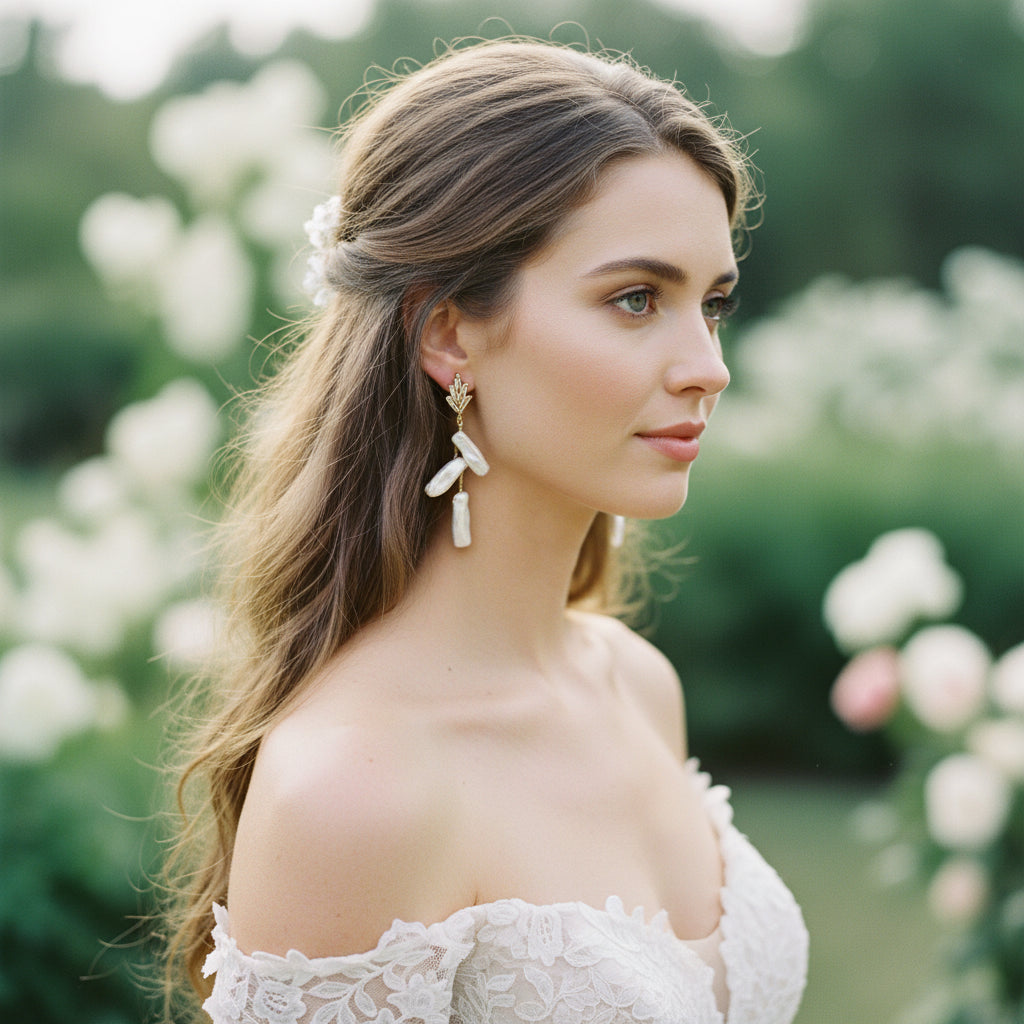 Woman wearing elegant earrings against a white background