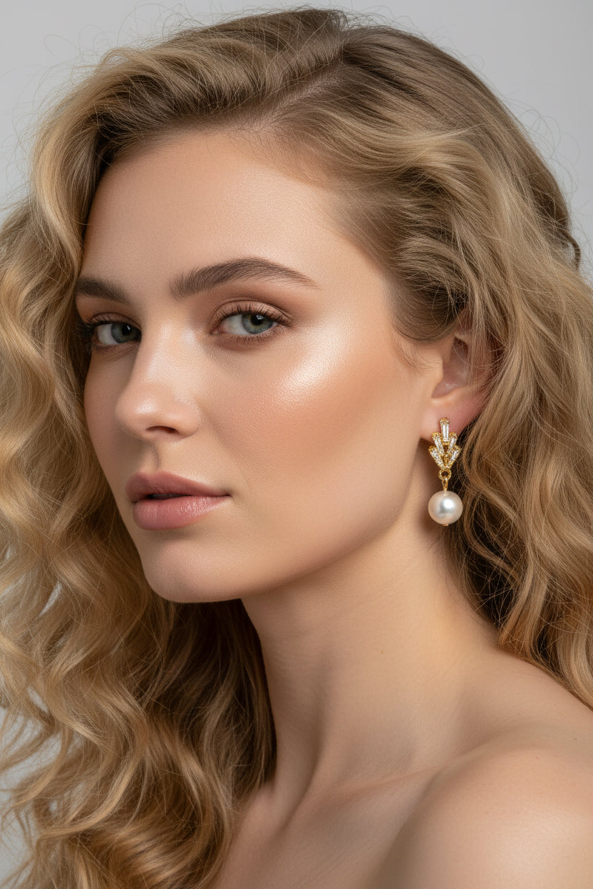 Pair of gold earrings with pearl drops on a light gray background