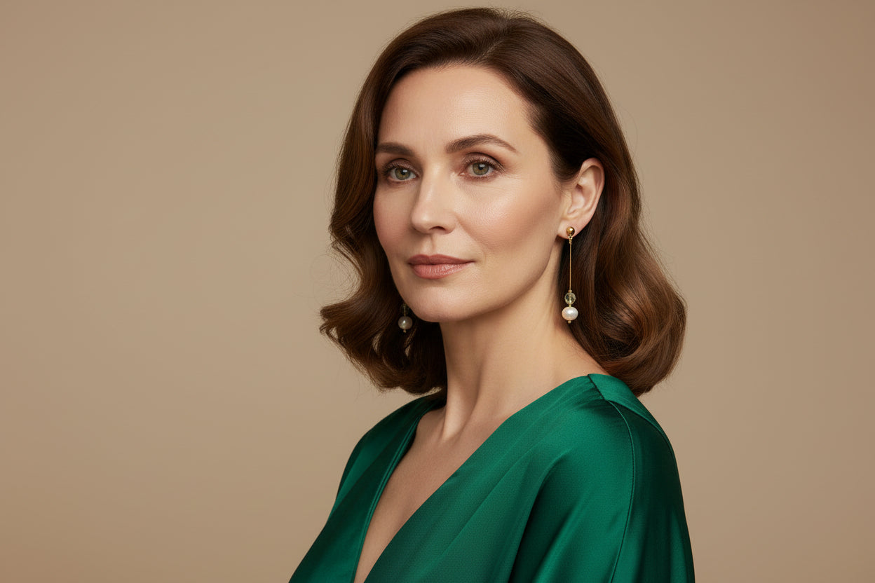 Pair of earrings with pearls and green beads on a light gray background