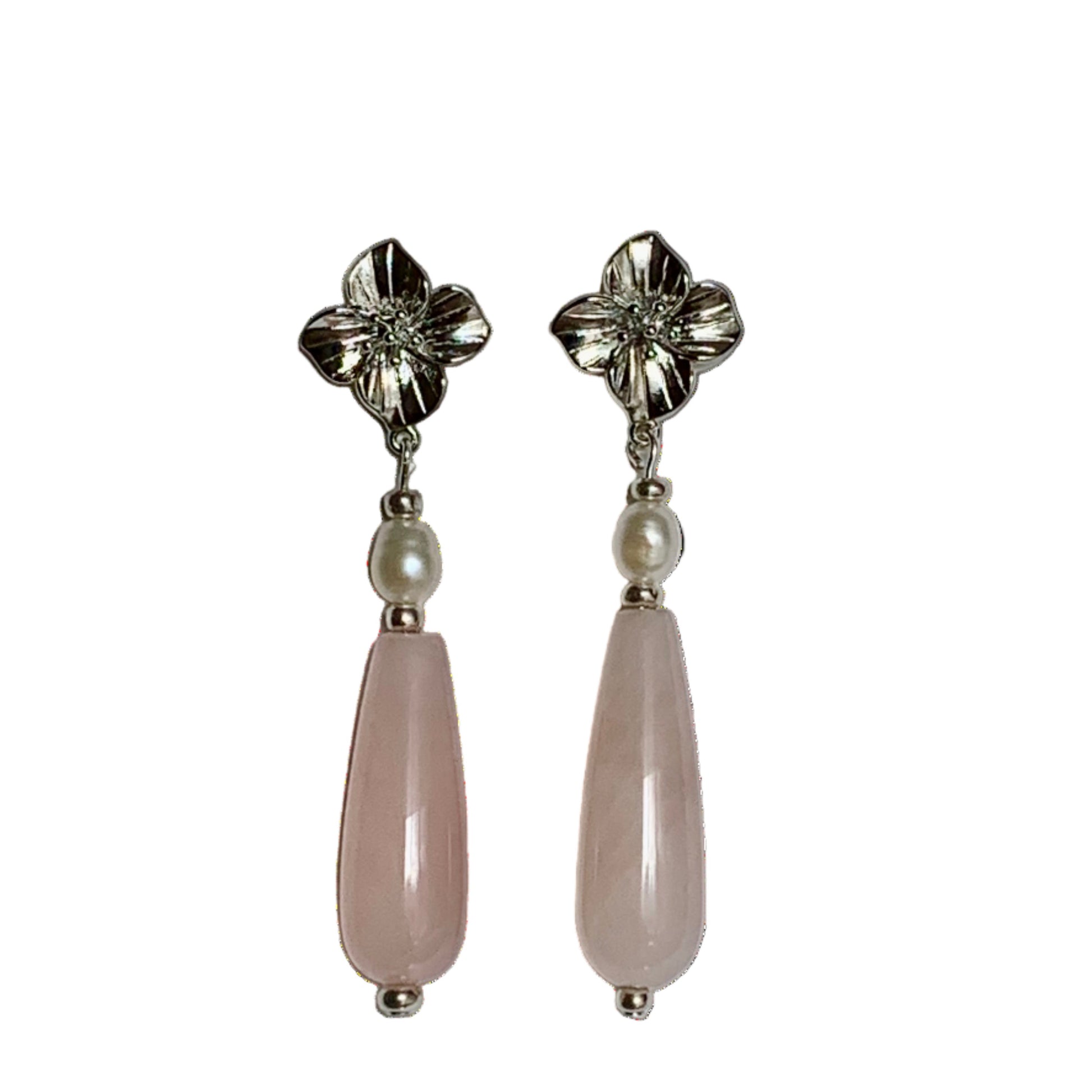 Flower  Post Pearl and Rose Quartz Earring
