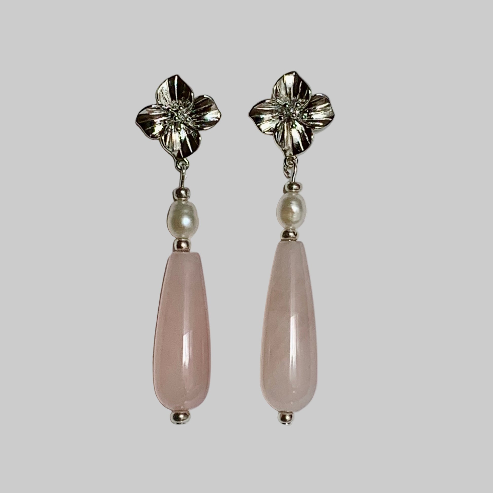 Platinum plated Flower, FWP and Rose Quartz Earrings