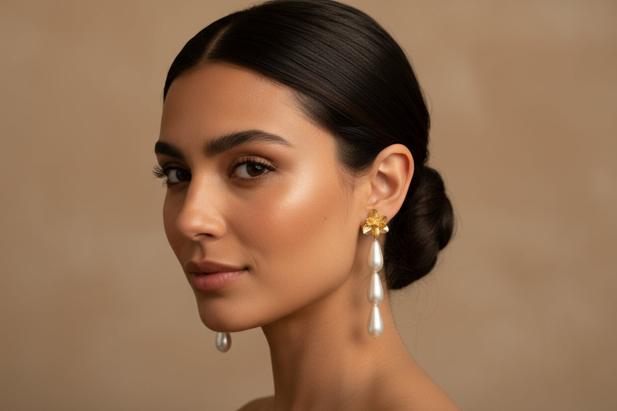 Pearl drop earrings with gold floral tops on a light gray background