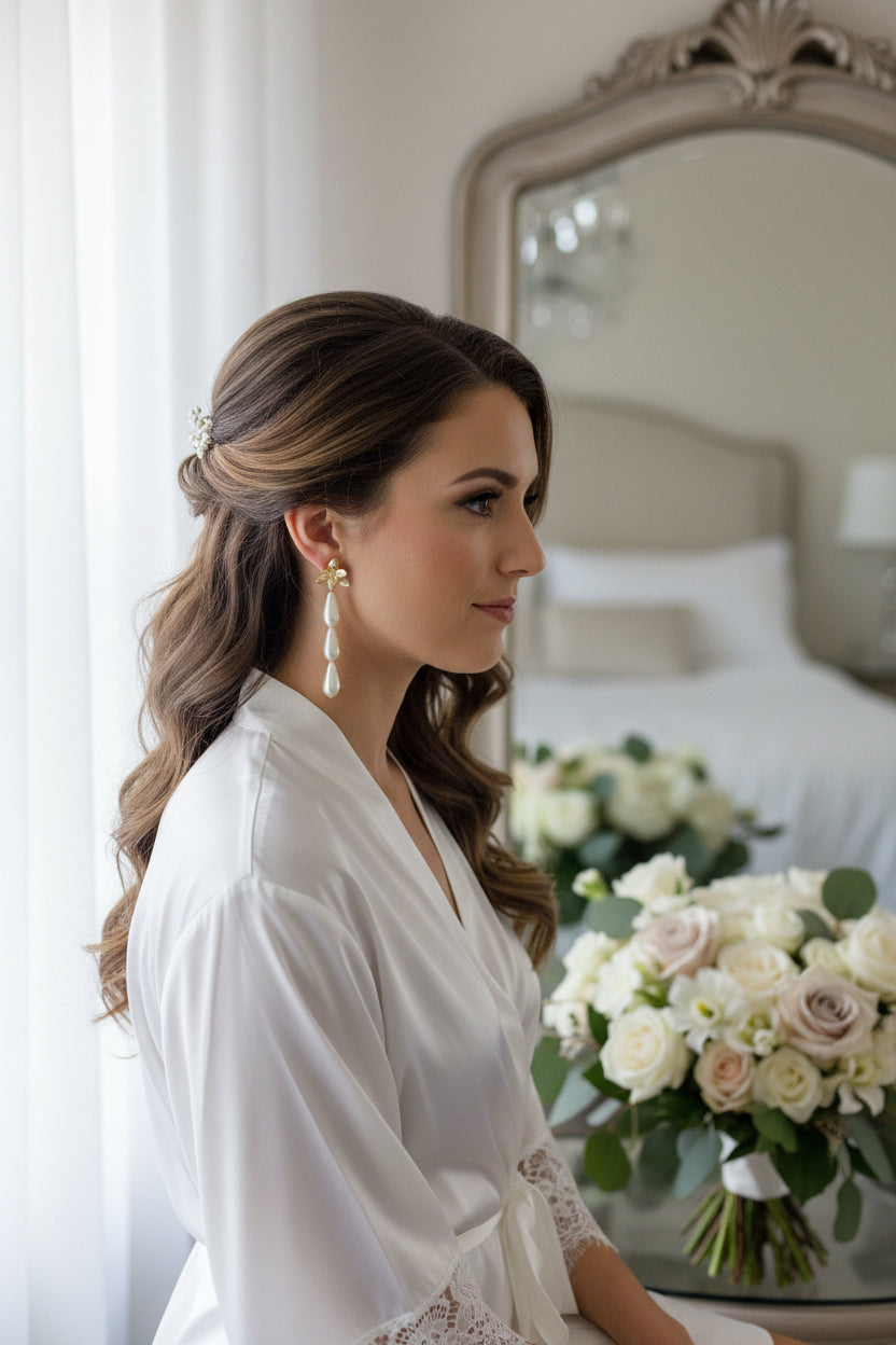 Pair of gold floral earrings with pearl drops on a light gray background